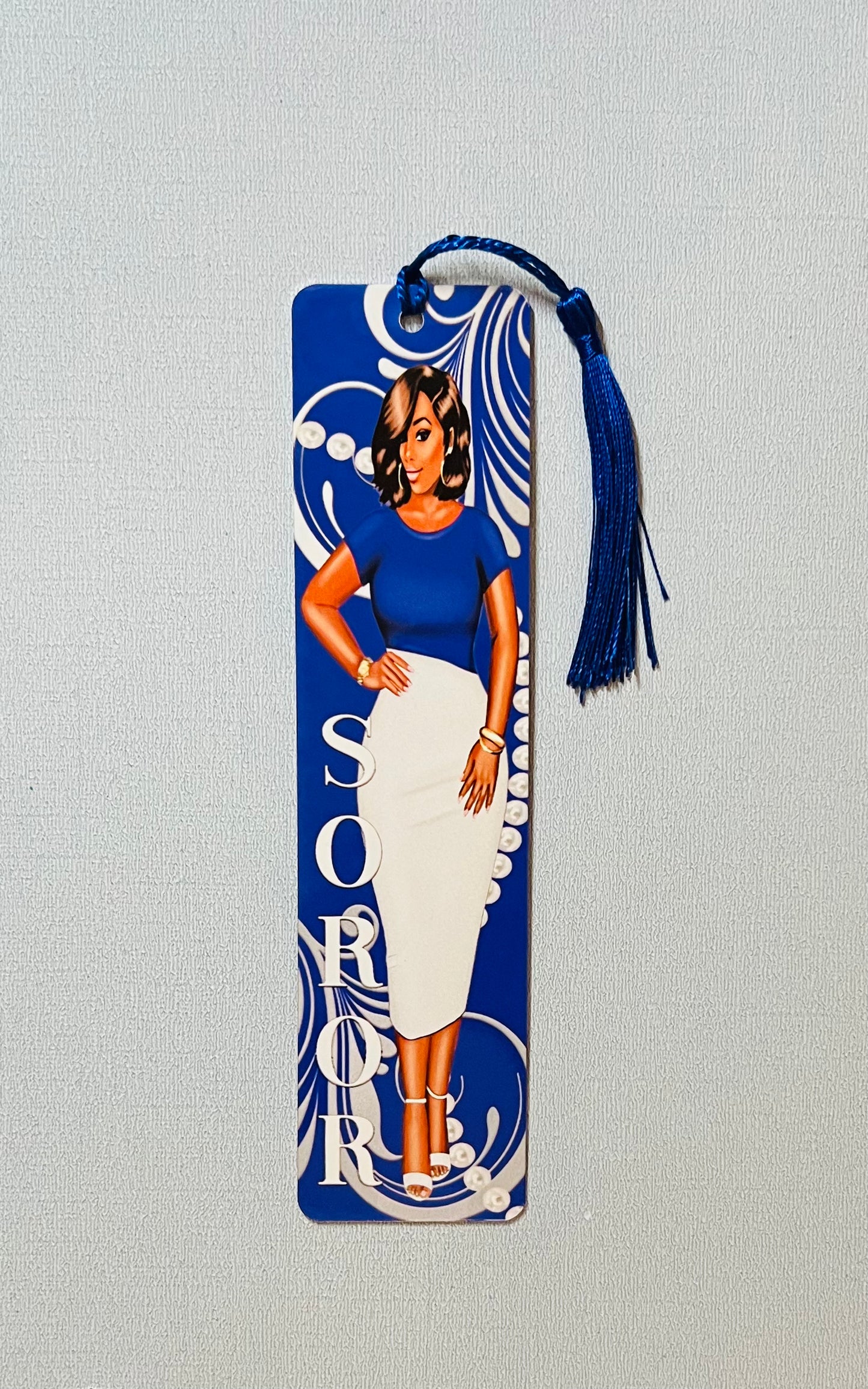Double-Sided Aluminum Metal Bookmark – 2" x 8" Blue and White Soror