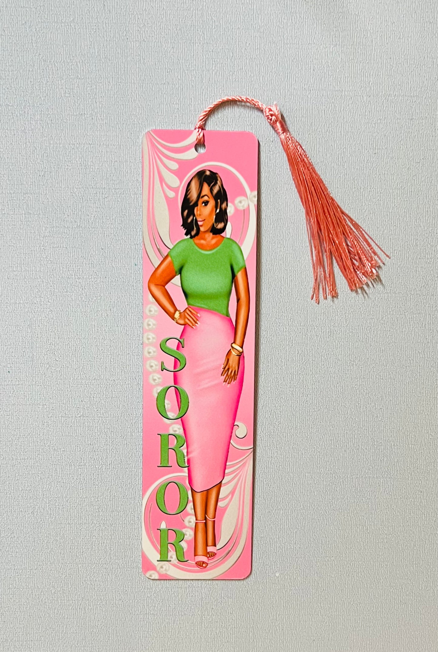 Double-Sided Aluminum Metal Bookmark – 2" x 8" Pink and Green Soror