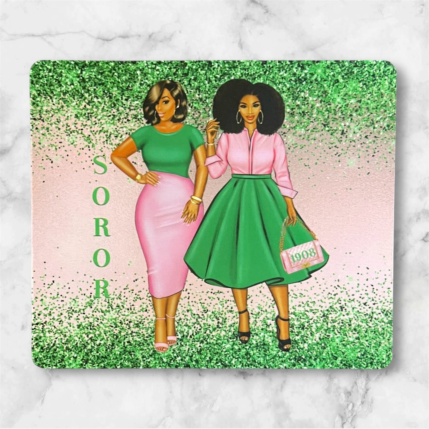 Mouse Pad - Black Women wearing Pink and Green with the word Soror