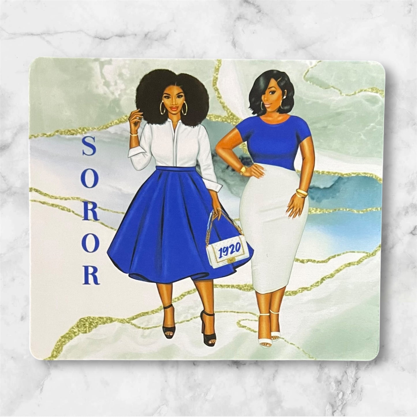 Mouse Pad - Black Women wearing Blue and White with the word Soror