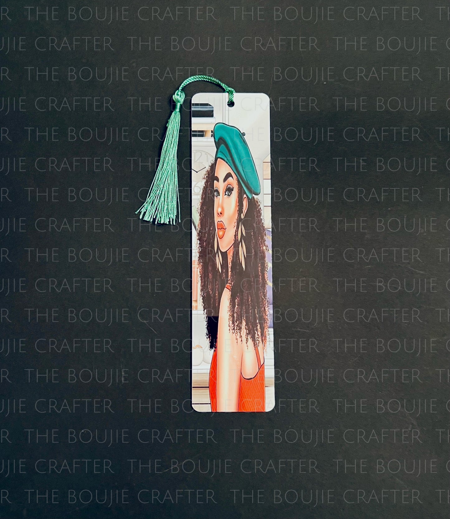 Double-Sided Aluminum Metal Bookmark – 2" x 8" Featuring Black Woman with Natural Hair in Green Tam Hat