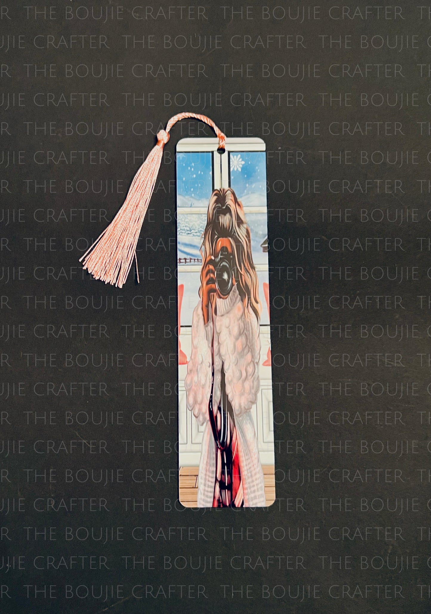 Double-Sided Aluminum Metal Bookmark – 2" x 8" Featuring a Brown Woman holding a camera