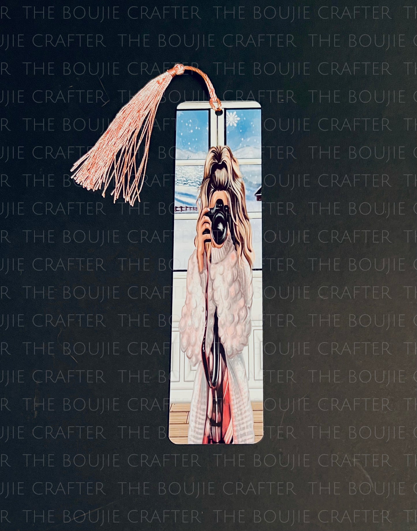 Double-Sided Aluminum Metal Bookmark – 2" x 8" Featuring Woman holding a camera